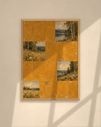 Ochre Lake Tiles art print in a walnut frame above a brown leather Chesterfield armchair