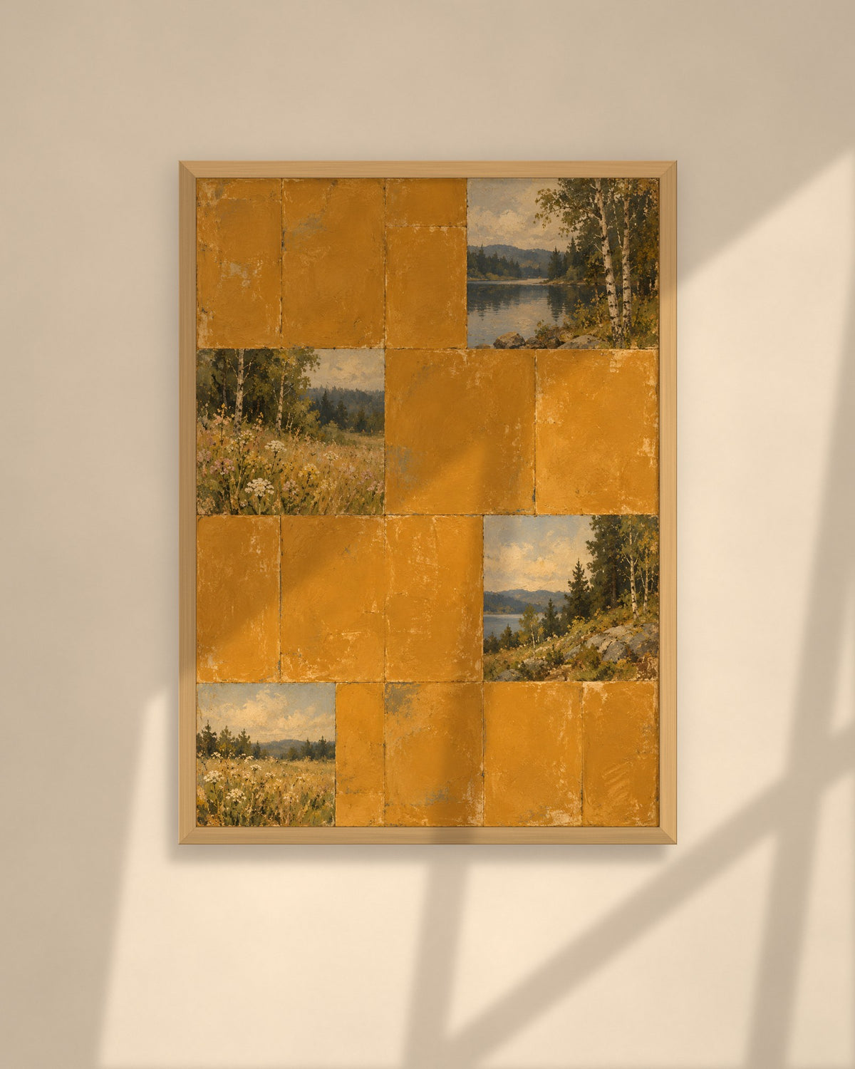 Ochre Lake Tiles art print in a walnut frame above a brown leather Chesterfield armchair
