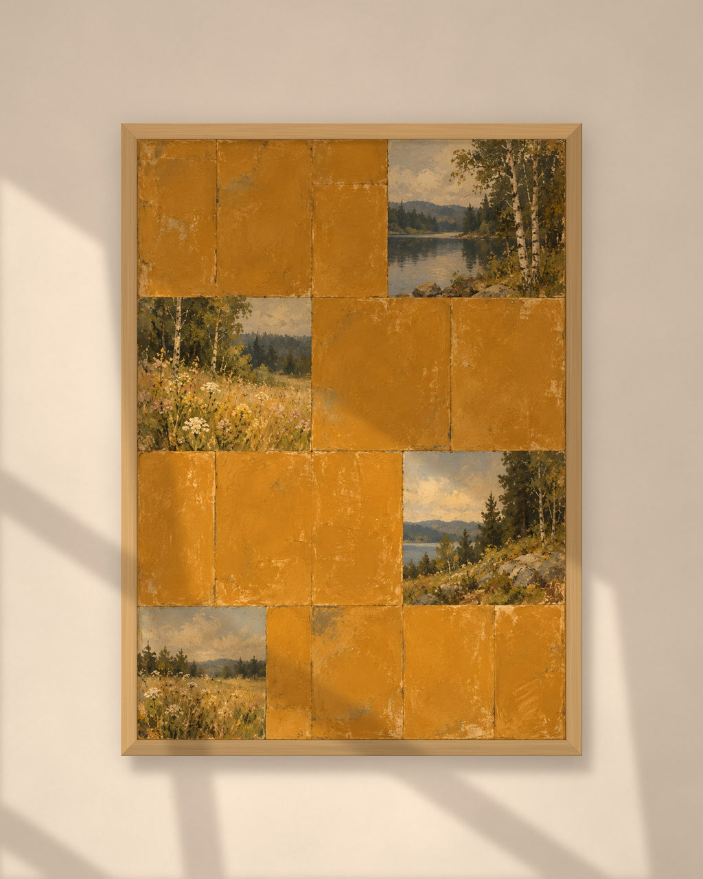 Ochre Lake Tiles art print in a natural oak frame on a warm plaster wall