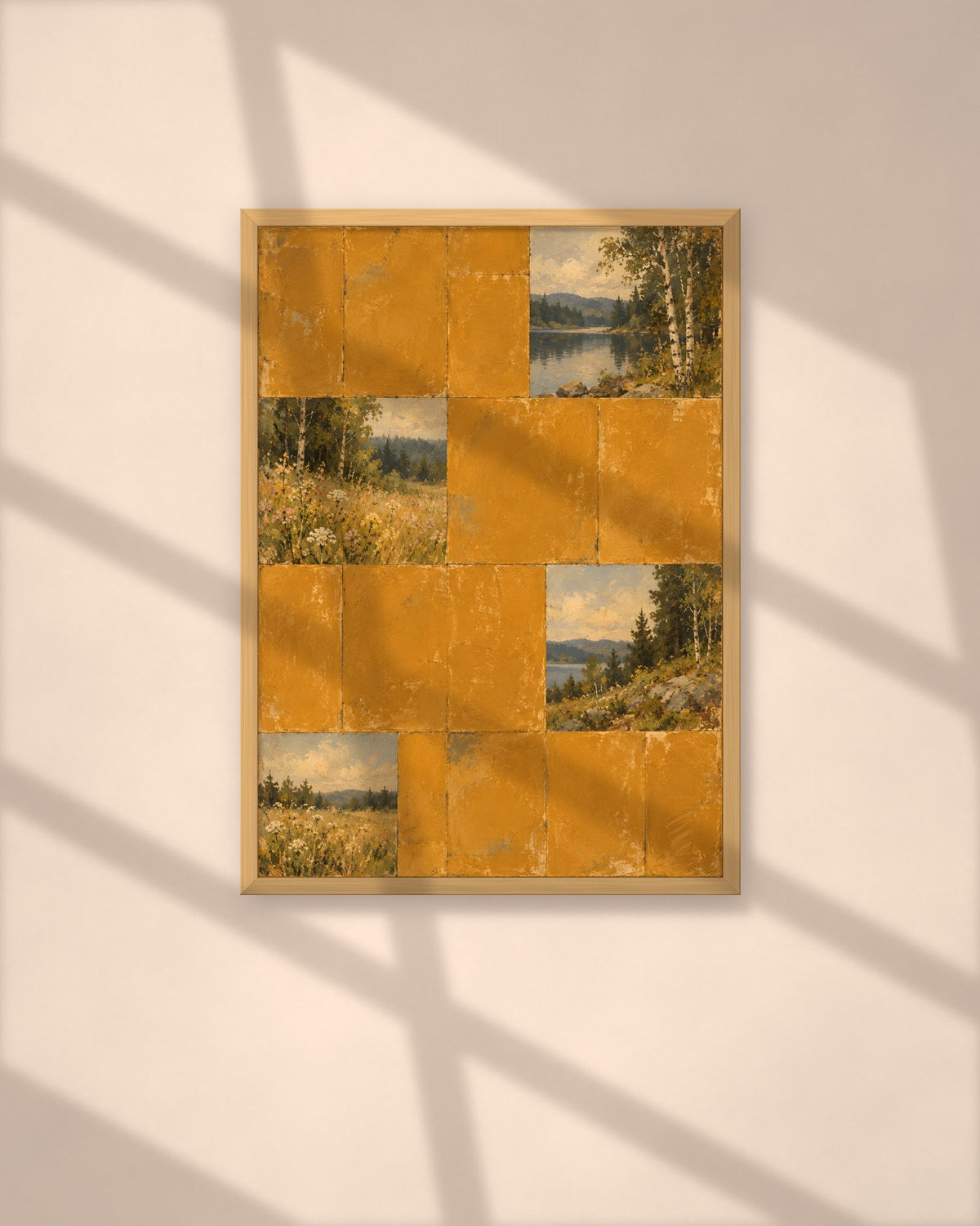 Ochre Lake Tiles art print in a natural oak frame above a wooden desk in a bright Scandinavian study