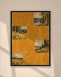 Ochre Lake Tiles art print in a black frame on a warm beige wall with sunlight and window shadows