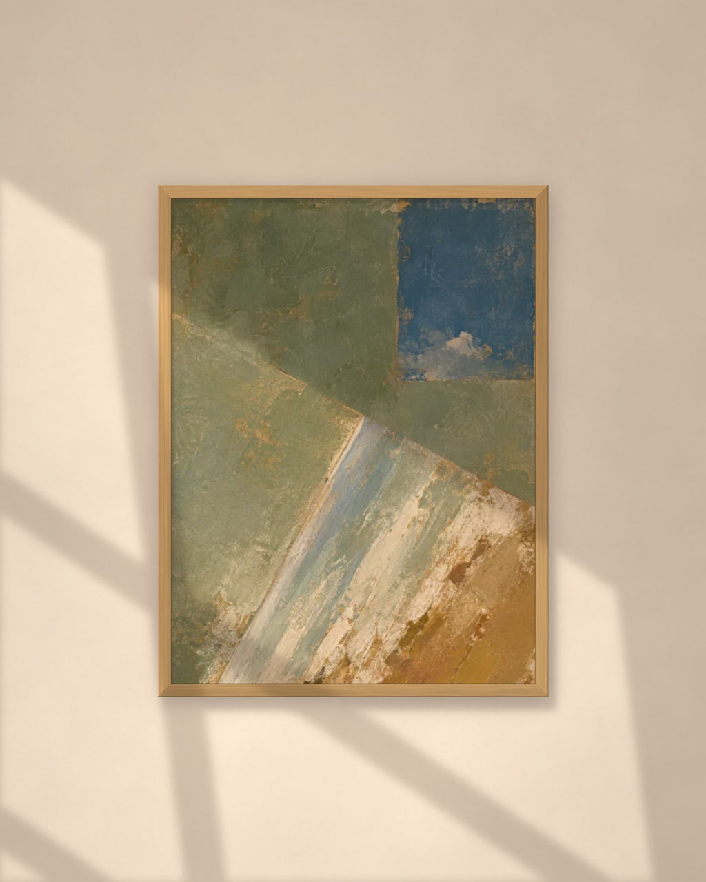 Olive & Ochre art print in a natural oak frame on a warm plaster wall