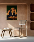 On Air art print in a natural oak frame on a terracotta plaster wall above a cane chair