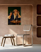 On Air art print in a natural oak frame on a terracotta plaster wall above a cane chair