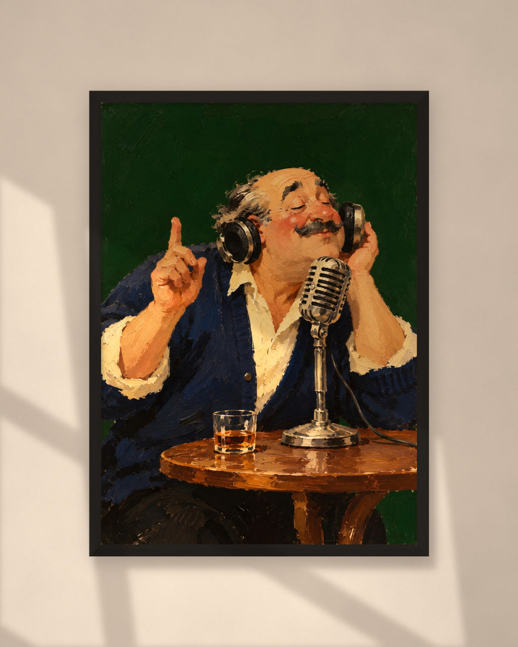 On Air art print in a black frame on a warm beige wall with sunlight and window shadows