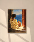 Orange by the Sea art print in a natural oak frame on a warm plaster wall