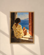 Orange by the Sea art print in a natural oak frame on a warm plaster wall