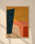 Saffron Composition art print in a natural oak frame on a warm plaster wall