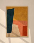 Saffron Composition art print in a natural oak frame on a warm plaster wall