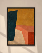 Saffron Composition art print in a black frame on a warm beige wall with sunlight and window shadows