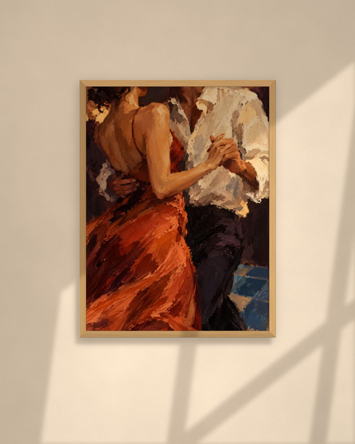 Slow Dance art print in a natural oak frame above a cream sofa in a sunlit living room