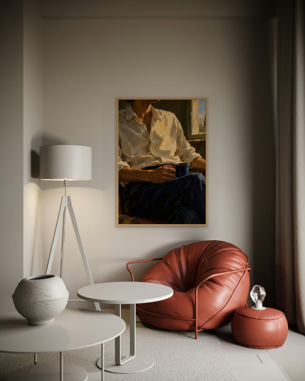 Slow Morning art print in a natural oak frame above a terracotta leather lounge chair in a softly lit corner