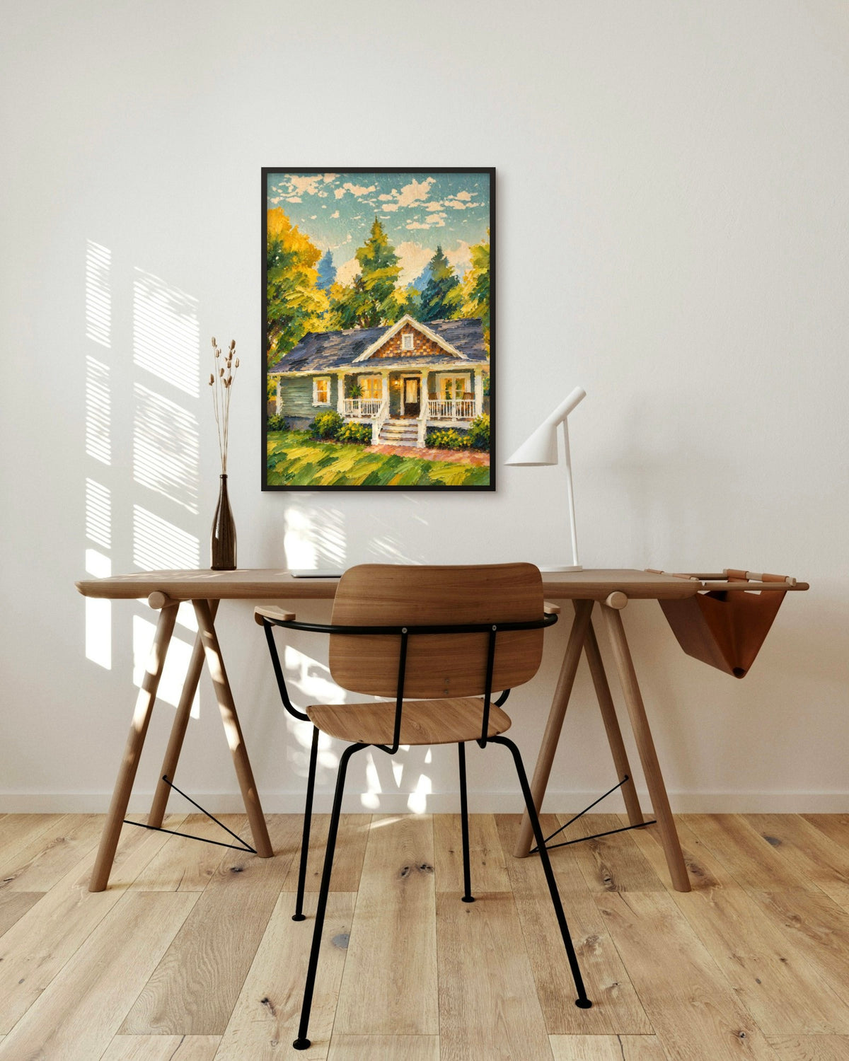 Summer Cottage art print in a black frame above a wooden desk in a bright Scandinavian study