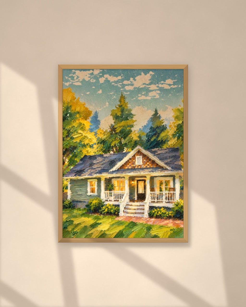 Summer Cottage art print in a natural oak frame on a warm plaster wall