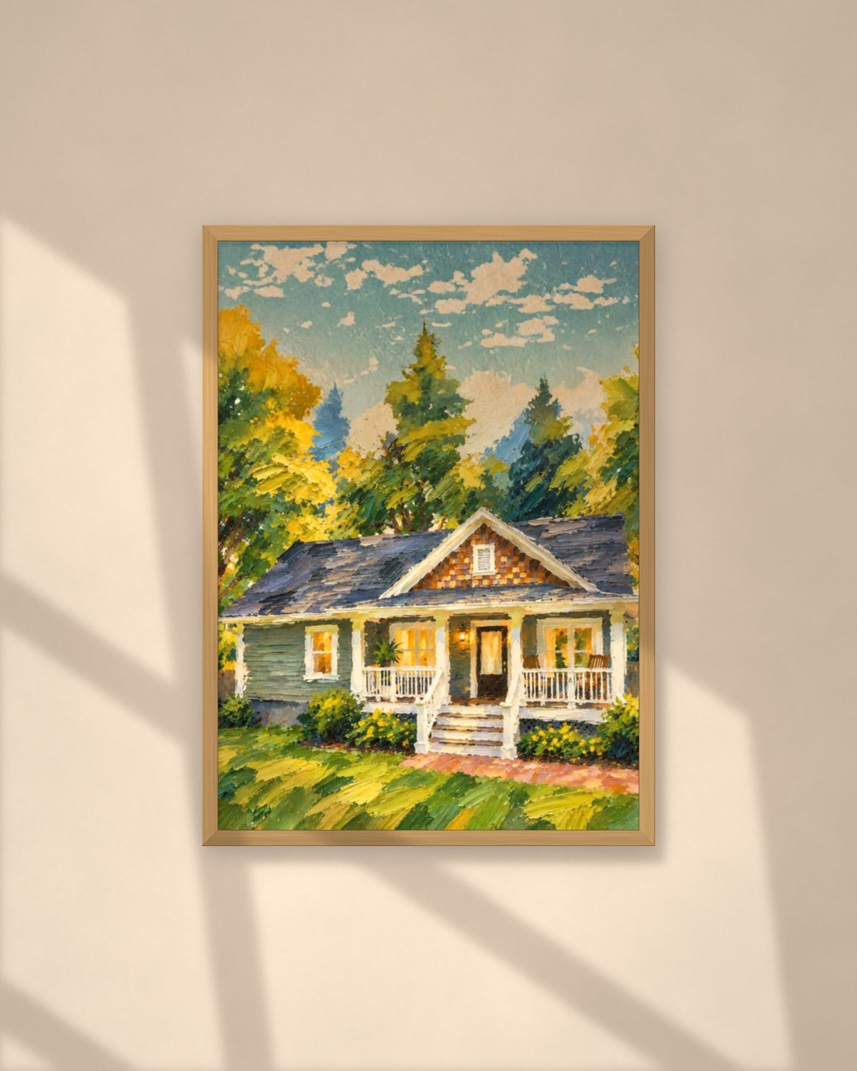 Summer Cottage art print in a natural oak frame on a warm plaster wall