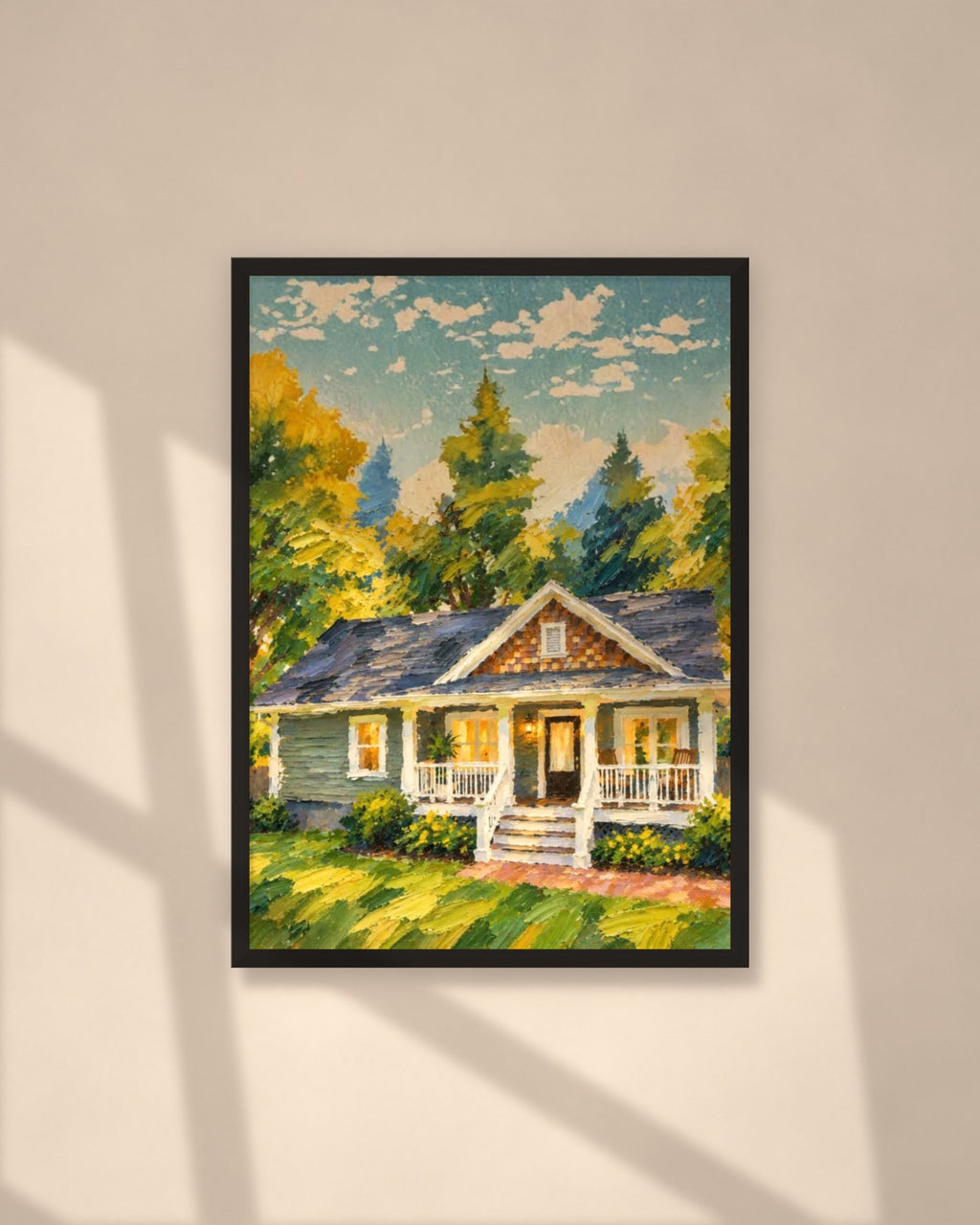 Summer Cottage art print in a black frame on a warm beige wall with sunlight and window shadows