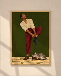 Sunday Socks art print in a natural oak frame on a warm plaster wall