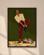 Sunday Socks art print in a black frame on a warm beige wall with sunlight and window shadows