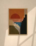 Sunset Cliffs art print in a natural oak frame above a cream sofa in a sunlit living room