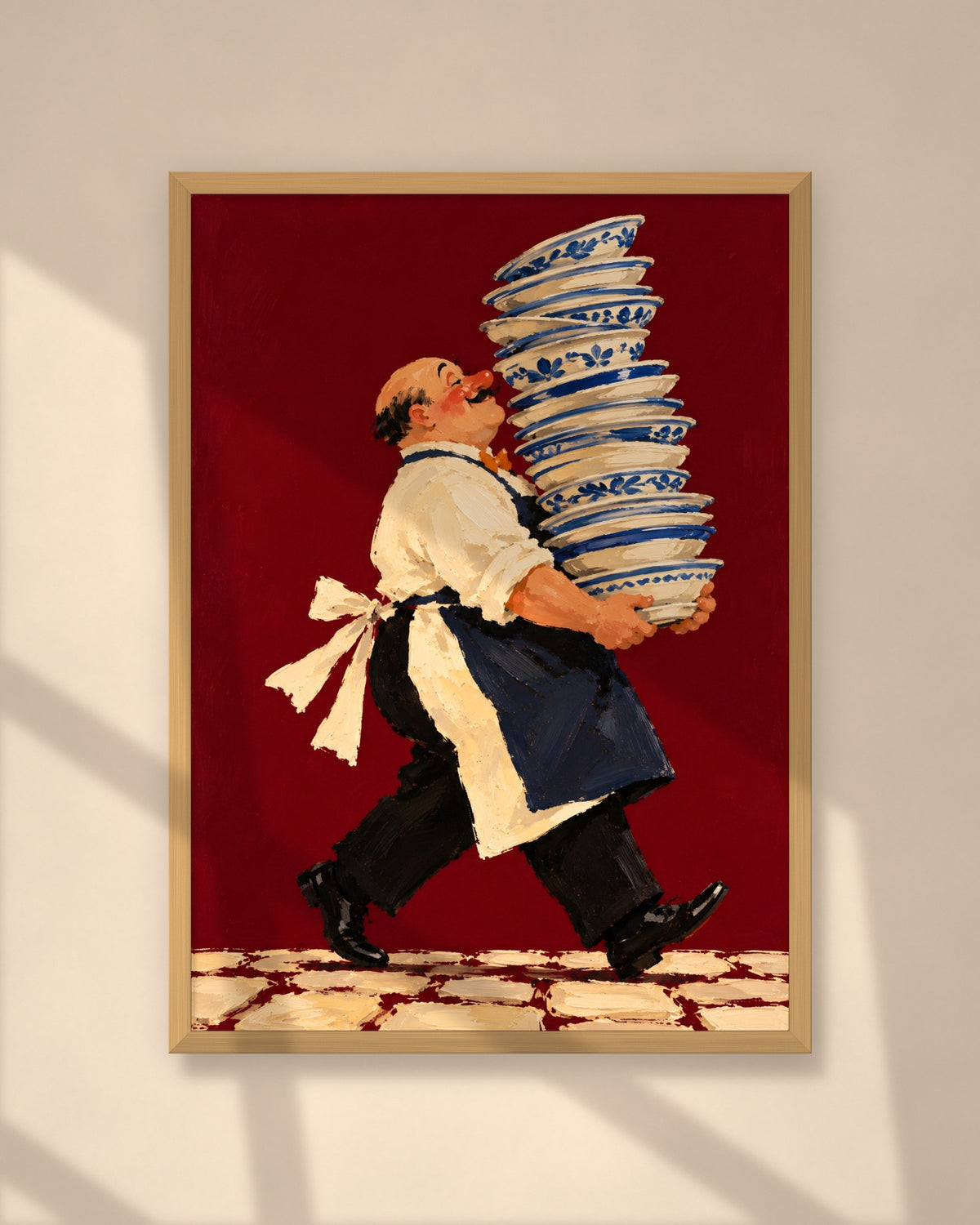 Tall Order art print in a natural oak frame on a warm plaster wall