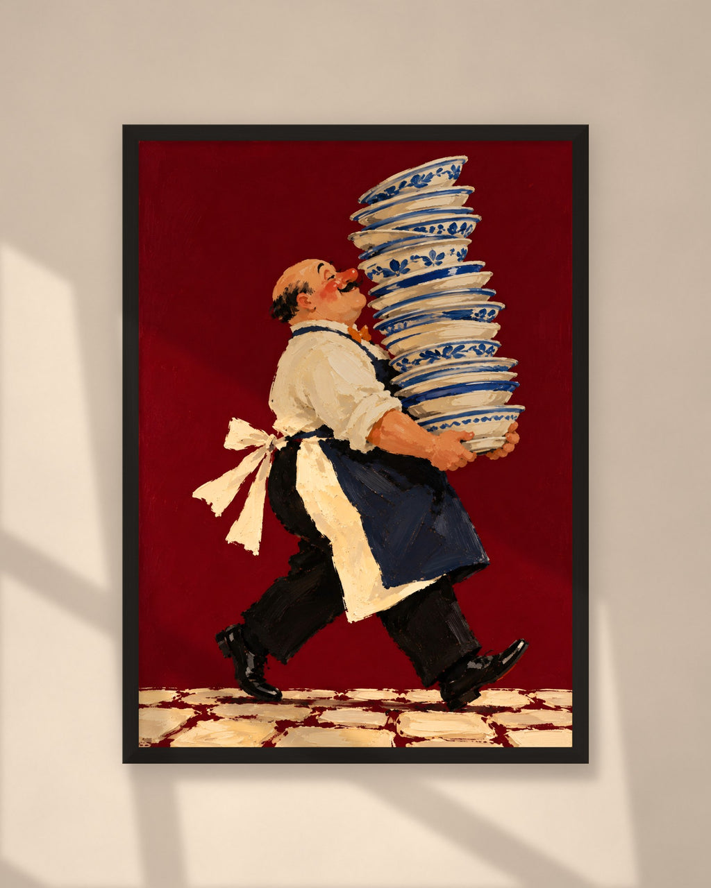 Tall Order art print in a black frame on a warm beige wall with sunlight and window shadows