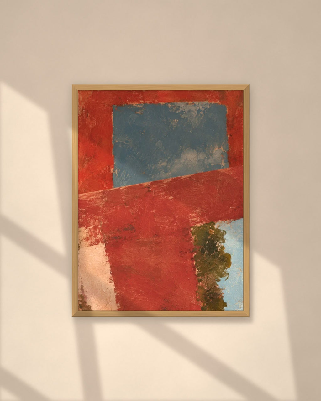 Terracotta Window art print in a natural oak frame on a warm plaster wall