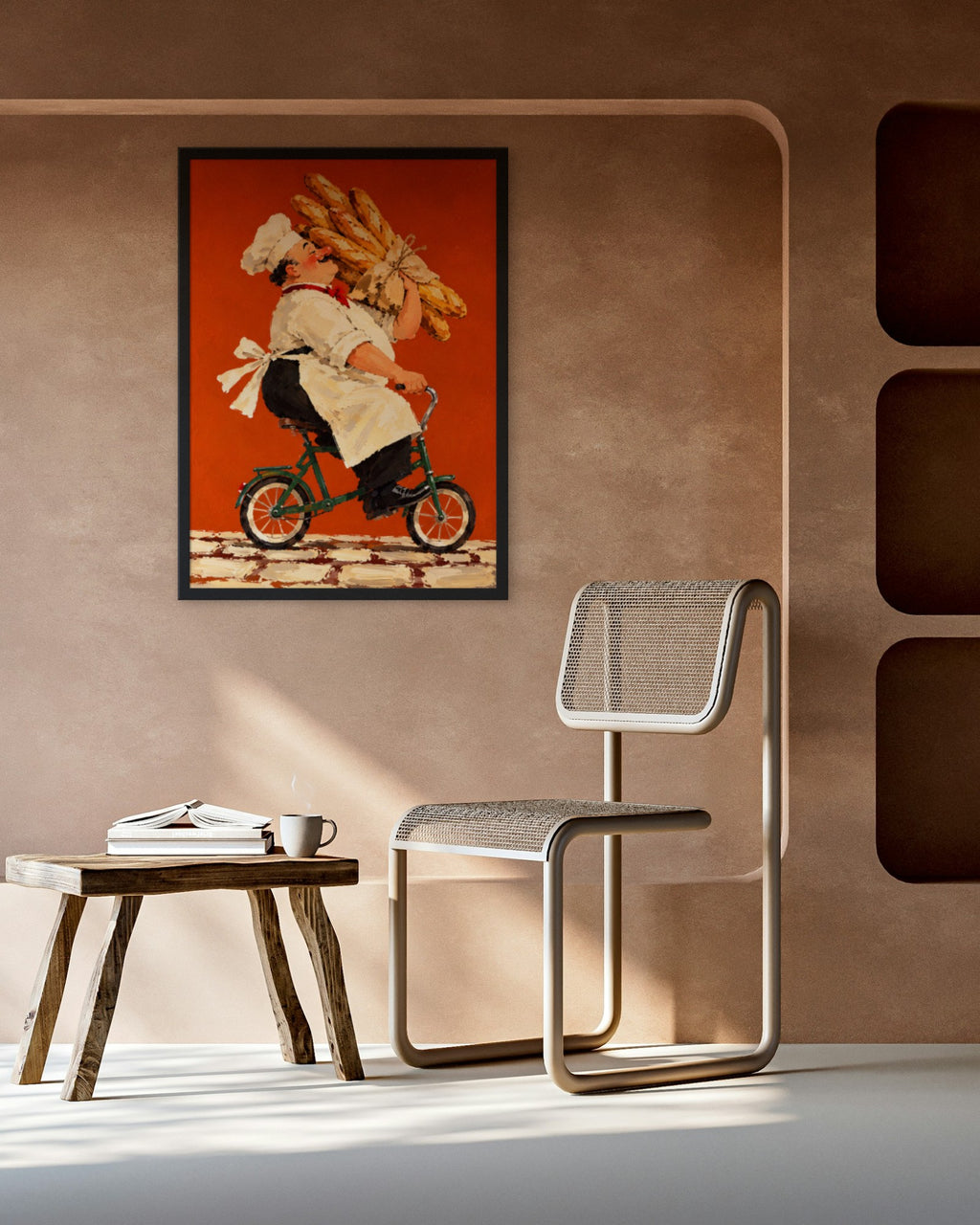 The Baguette Run art print in a black frame on a terracotta plaster wall above a cane chair