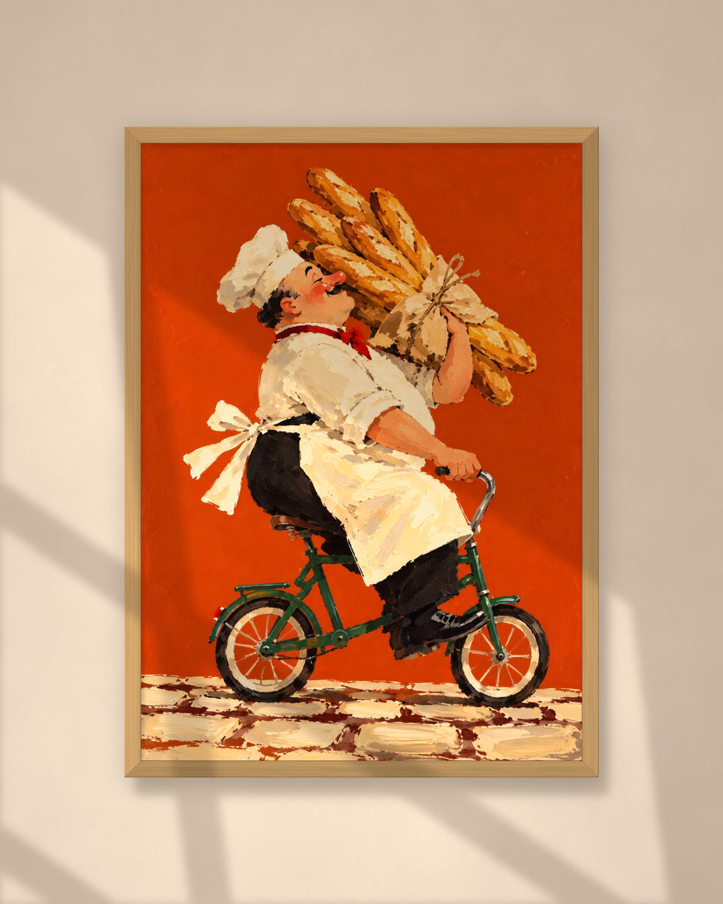 The Baguette Run art print in a natural oak frame on a warm plaster wall