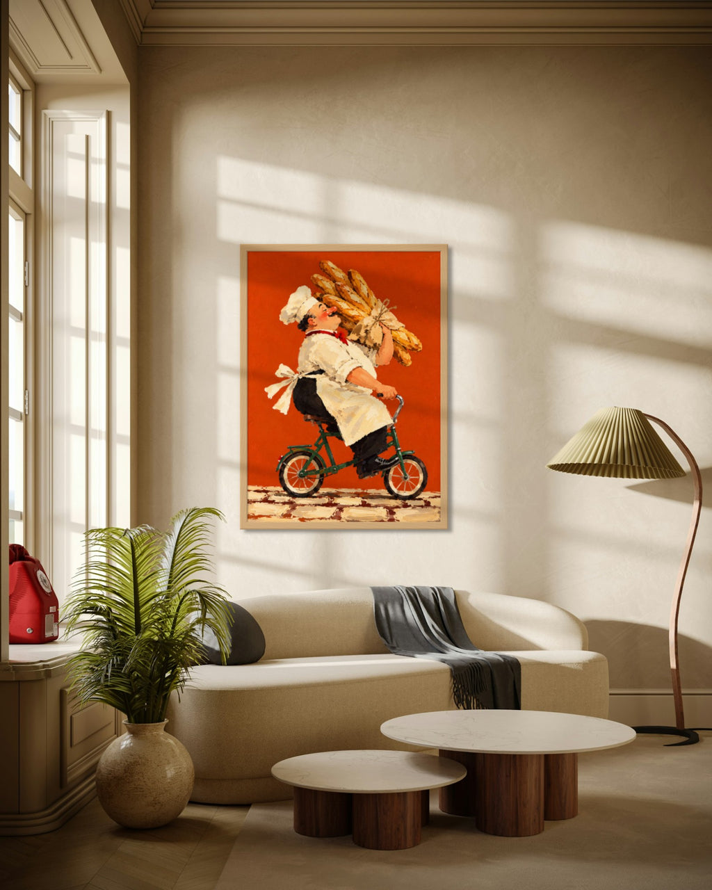 The Baguette Run art print in a natural oak frame above a cream curved sofa in a sunlit living room