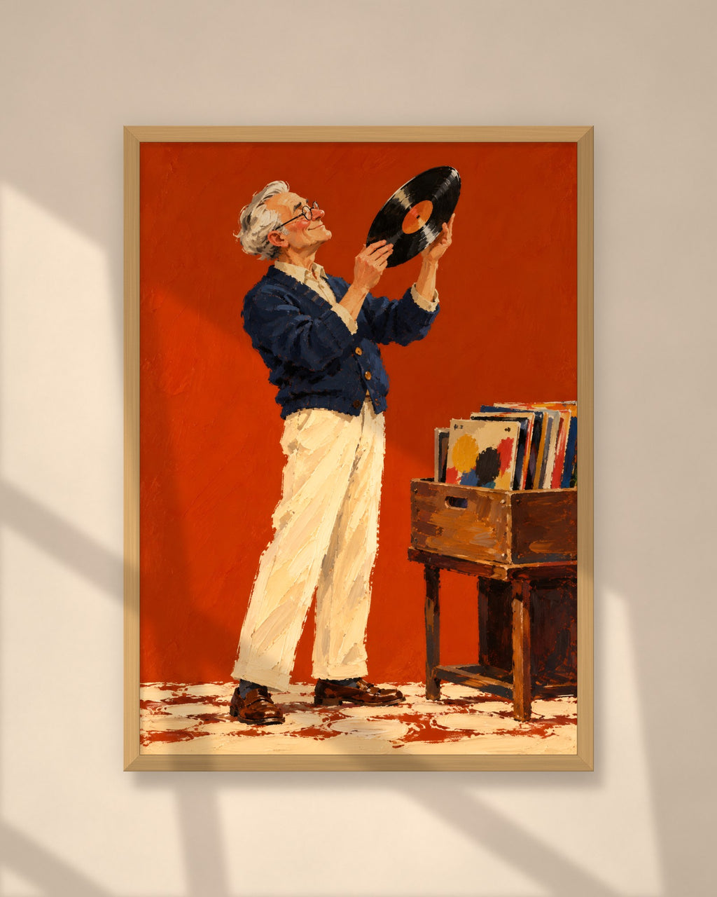 The Record Collector art print in a natural oak frame on a warm plaster wall