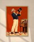 The Record Collector art print in a natural oak frame on a warm plaster wall