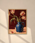 Tulips in Blue art print in a natural oak frame on a warm plaster wall