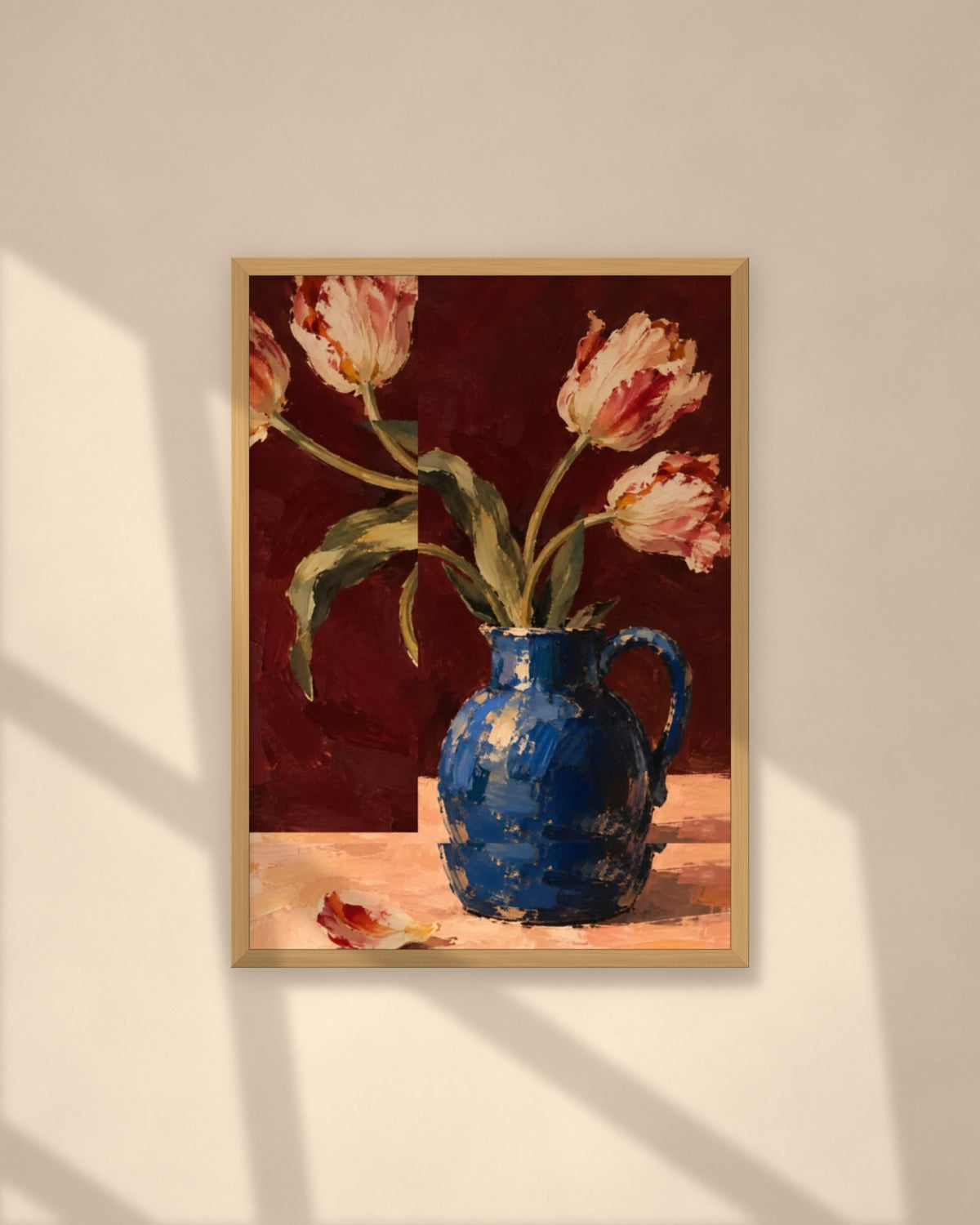 Tulips in Blue art print in a natural oak frame on a warm plaster wall