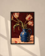 Tulips in Blue art print in a black frame on a warm beige wall with sunlight and window shadows