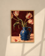 Tulips in Blue art print in a natural oak frame above a cream sofa in a sunlit living room