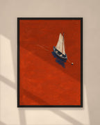Vermilion Sail art print in a black frame on a warm beige wall with sunlight and window shadows